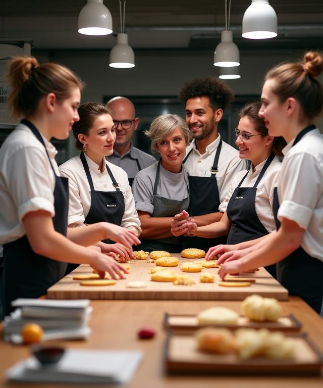 L'équipe de Le Croissant Doré Éditions discutant passionnément autour d'un plan de travail en cuisine.
