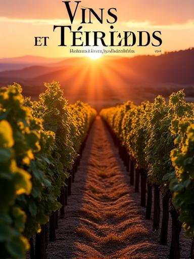 Couverture du magazine 'Vins et Terroirs' avec une photo de vignoble au coucher du soleil.