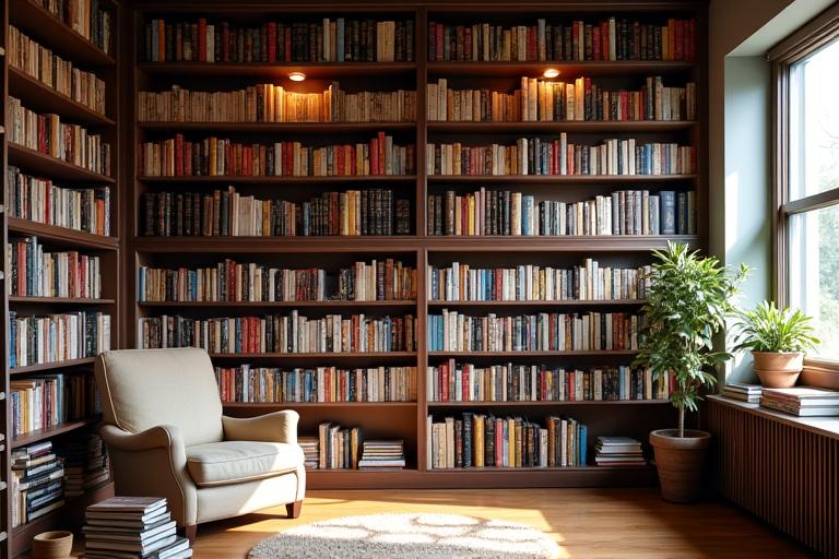 Murs couverts d'étagères remplies de livres de cuisine dans la bibliothèque du studio.