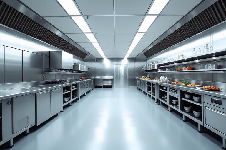 Vue large de la cuisine professionnelle du studio, en acier inoxydable.